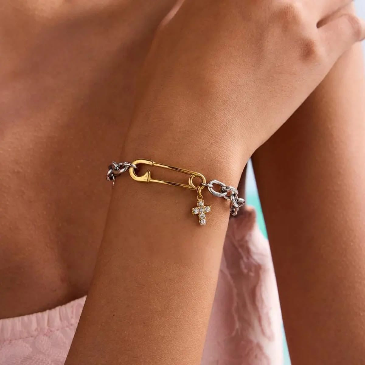 Mixed metal pin charm bracelet